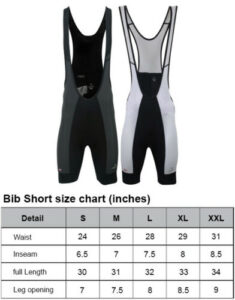 size chart for Deko bibshorts